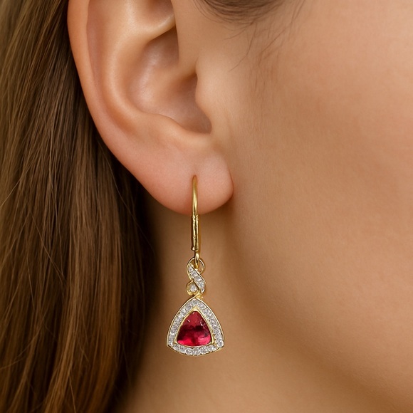 Vintage gold over Sterling Silver 925 Simulated Ruby & CZ Drop Earrings - Picture 8 of 8